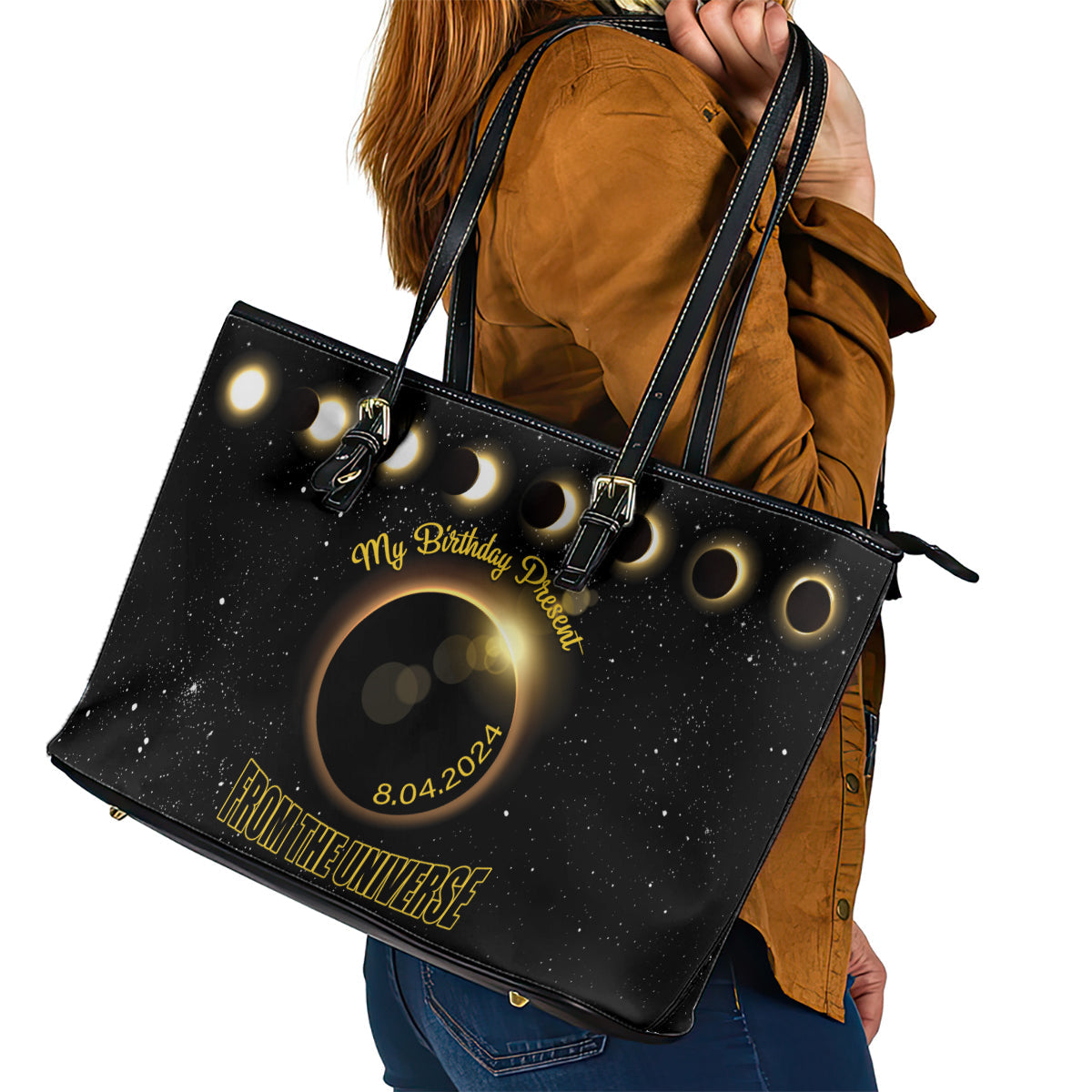 Total Solar Eclipse 2024 Leather Tote Bag My Birthday Present From The Universe LT01