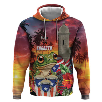 Puerto Rico Coqui Frog Sunset Hoodie Isla Del Encanto Tropical Vibe LT01