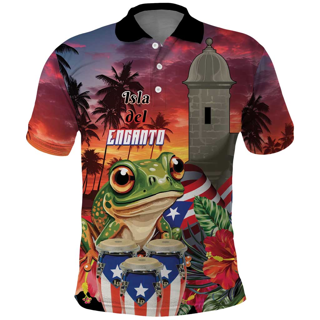 Puerto Rico Coqui Frog Sunset Polo Shirt Isla Del Encanto Tropical Vibe LT01