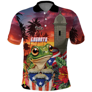 Puerto Rico Coqui Frog Sunset Polo Shirt Isla Del Encanto Tropical Vibe LT01