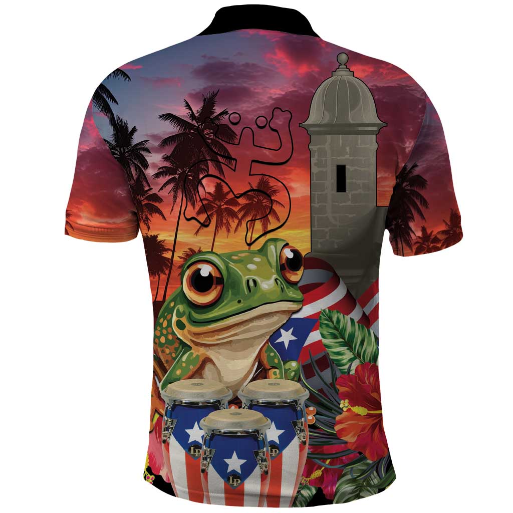Puerto Rico Coqui Frog Sunset Polo Shirt Isla Del Encanto Tropical Vibe LT01