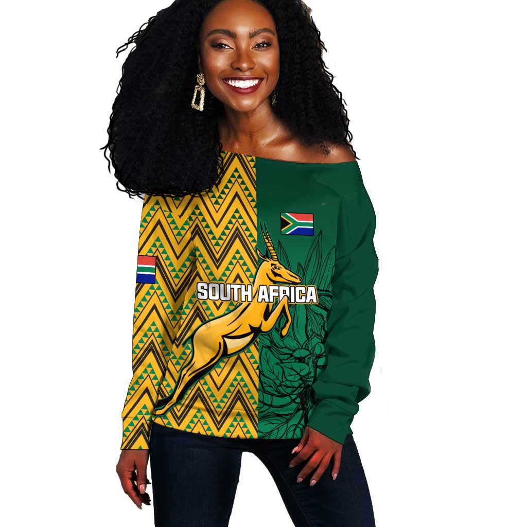 Personalized South Africa Off Shoulder Sweater with Springbok and Proteas African Pattern LT01
