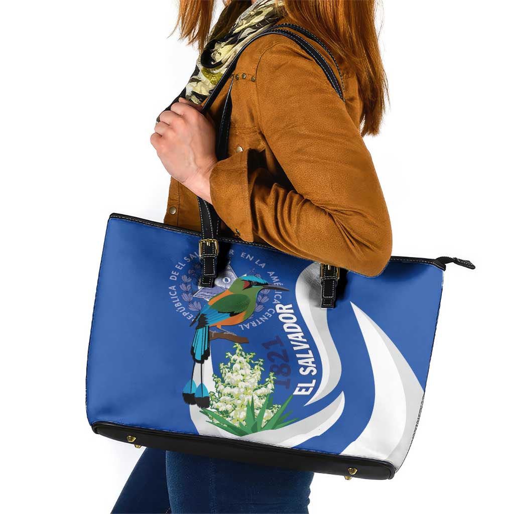 El Salvador Independence Day Leather Tote Bag Flor De Izote With Turquoise Browed Motmot LT01