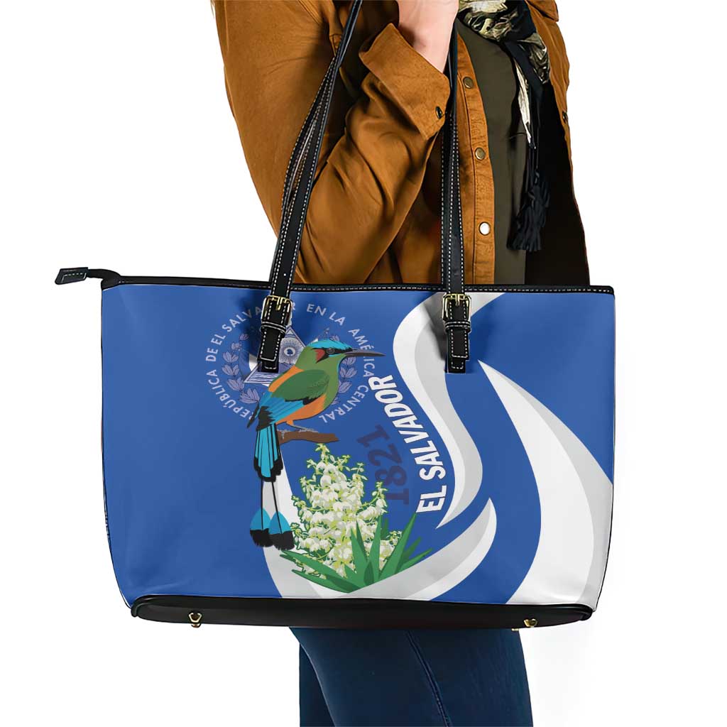 El Salvador Independence Day Leather Tote Bag Flor De Izote With Turquoise Browed Motmot LT01