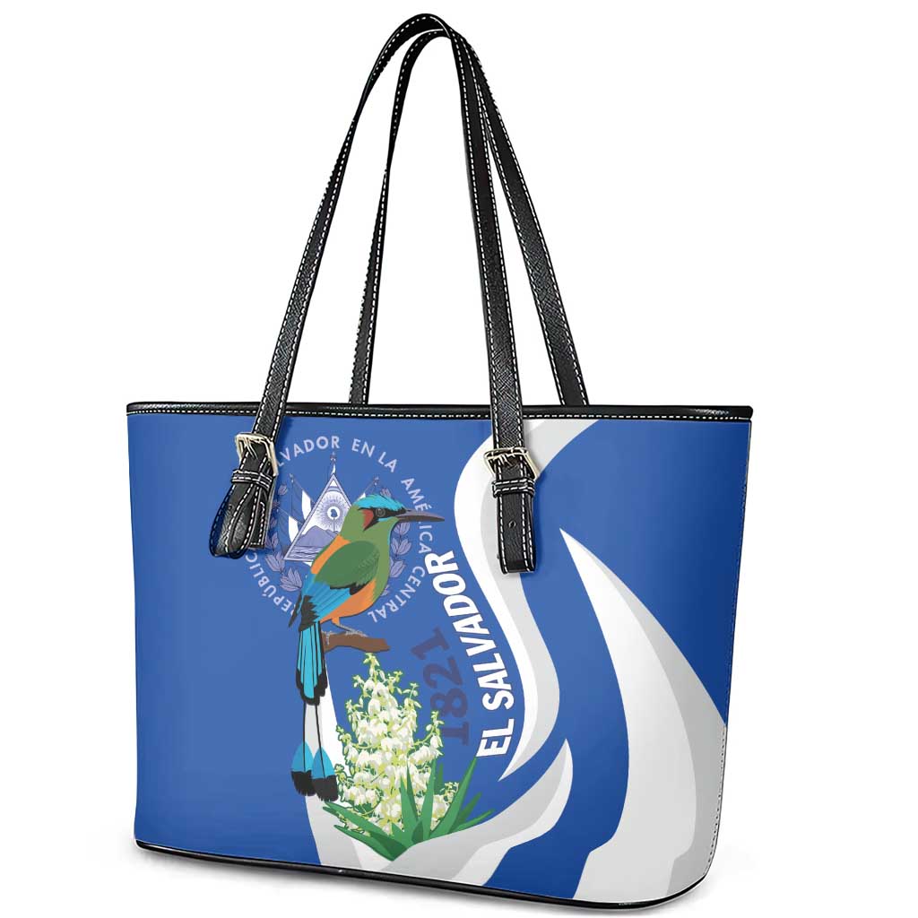 El Salvador Independence Day Leather Tote Bag Flor De Izote With Turquoise Browed Motmot LT01