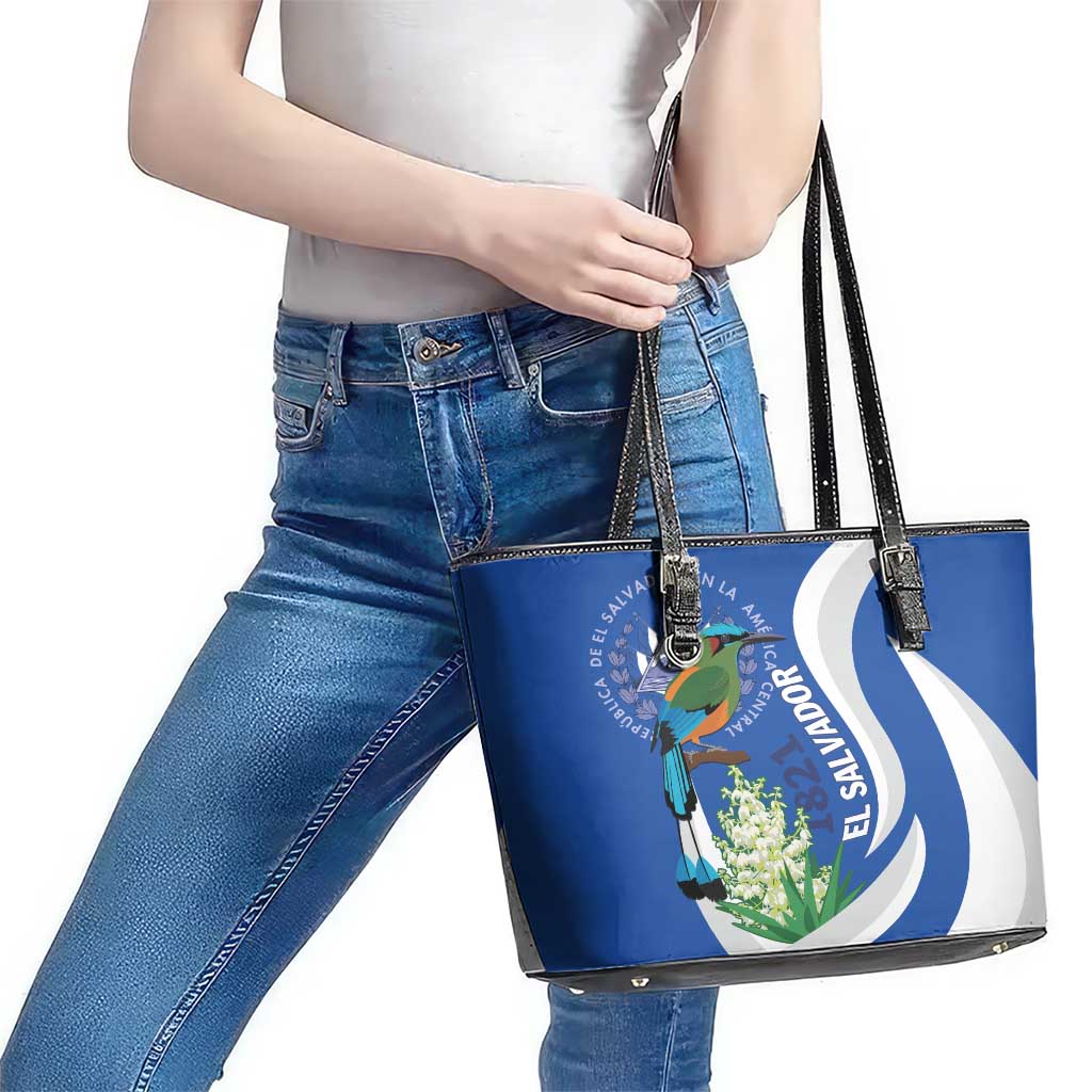 El Salvador Independence Day Leather Tote Bag Flor De Izote With Turquoise Browed Motmot LT01