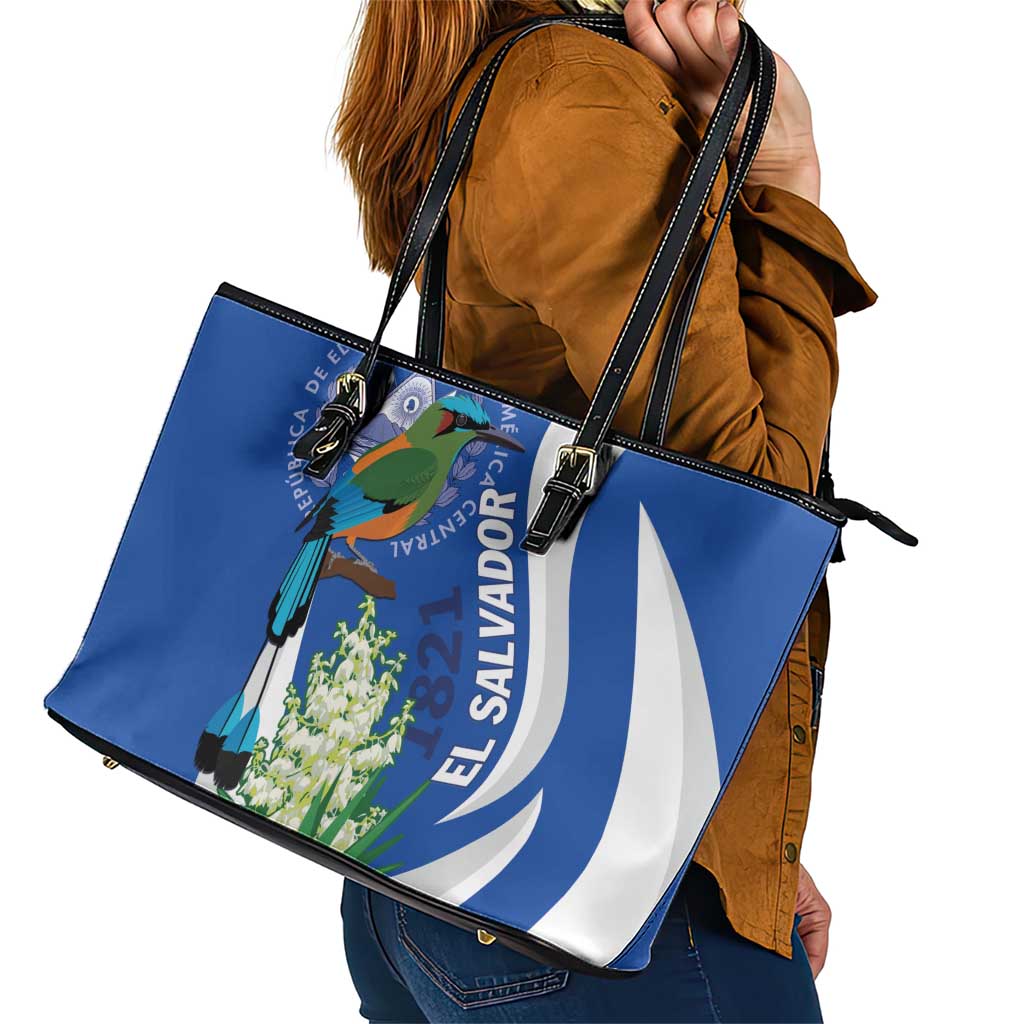 El Salvador Independence Day Leather Tote Bag Flor De Izote With Turquoise Browed Motmot LT01