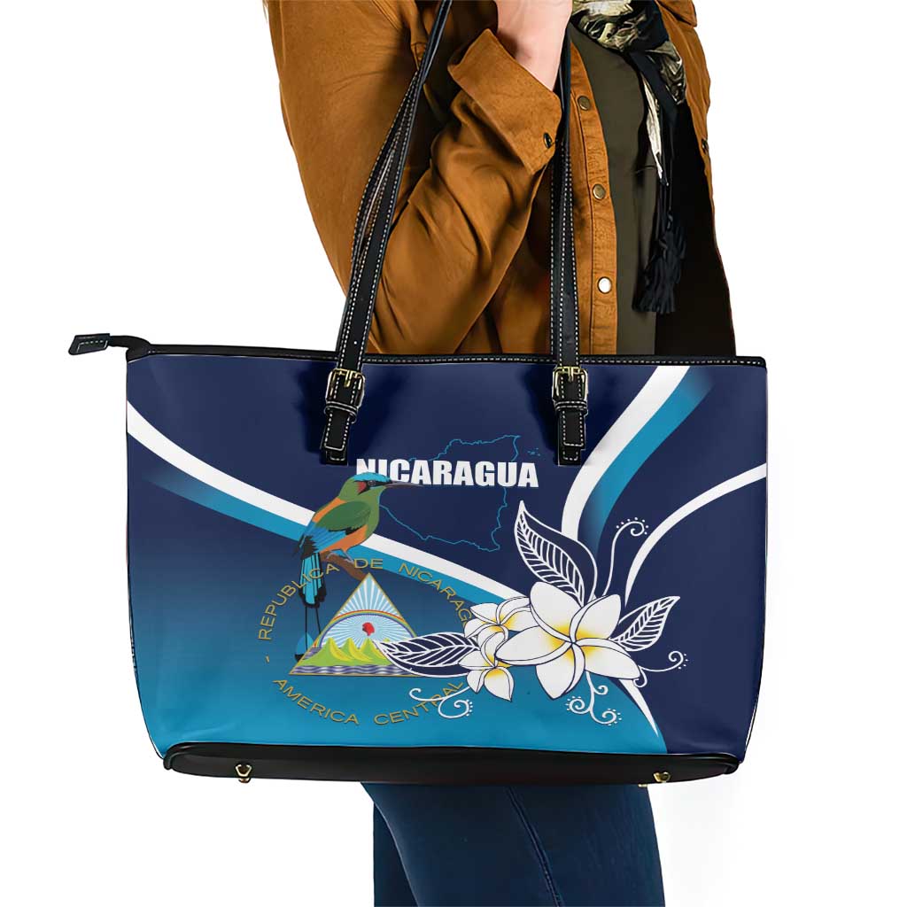 Nicaragua Independence Day Leather Tote Bag Motmot Plumeria Floral LT01