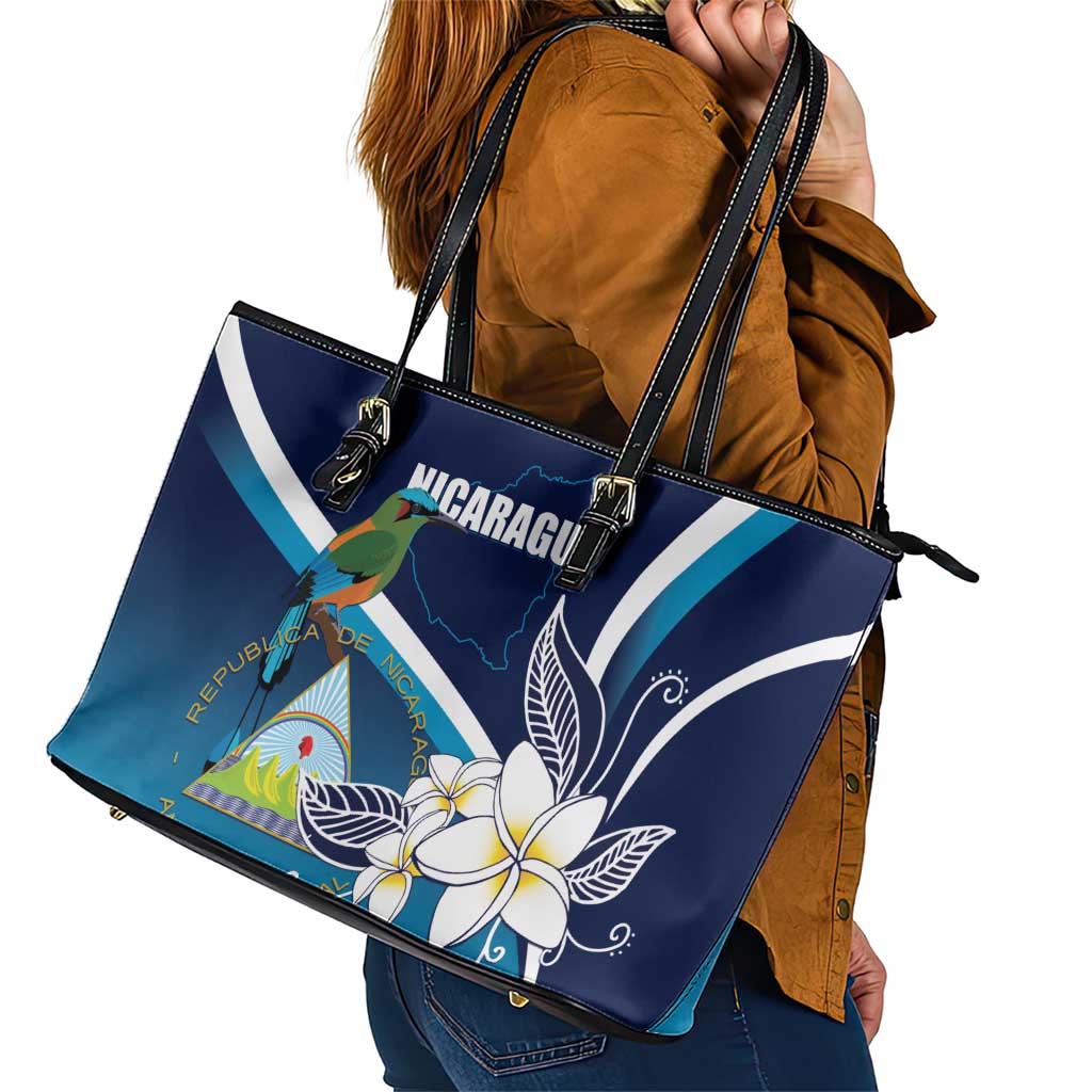 Nicaragua Independence Day Leather Tote Bag Motmot Plumeria Floral LT01