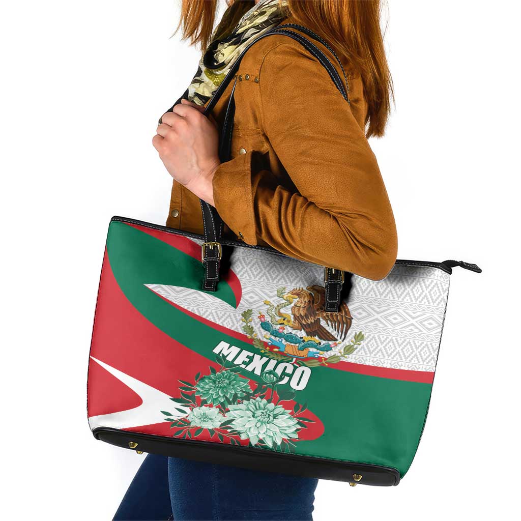 Mexico Independence Day Leather Tote Bag Dahlia Flower Aztec Pattern LT01