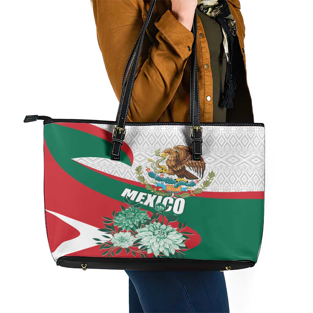 Mexico Independence Day Leather Tote Bag Dahlia Flower Aztec Pattern LT01