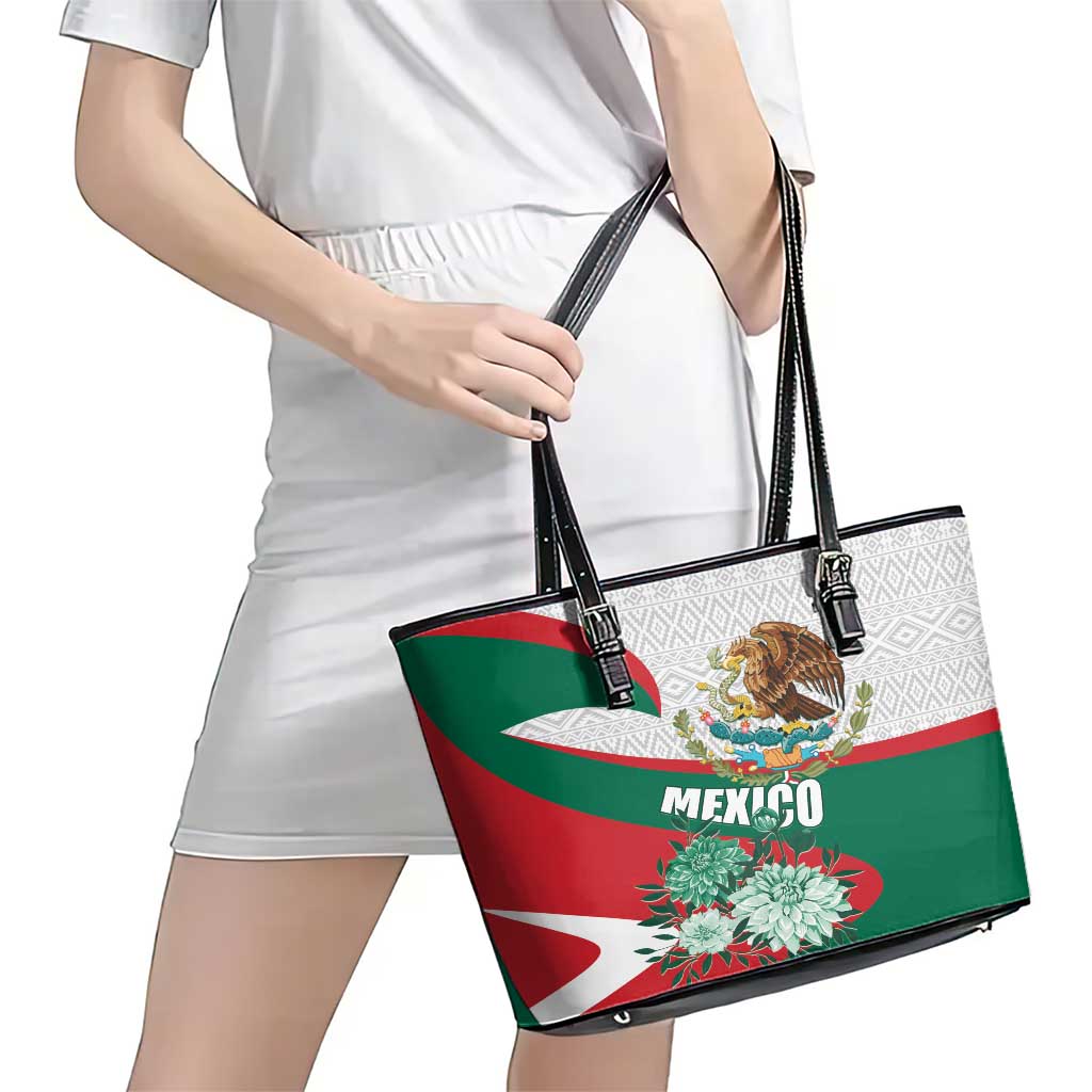 Mexico Independence Day Leather Tote Bag Dahlia Flower Aztec Pattern LT01