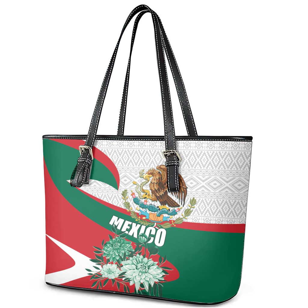 Mexico Independence Day Leather Tote Bag Dahlia Flower Aztec Pattern LT01