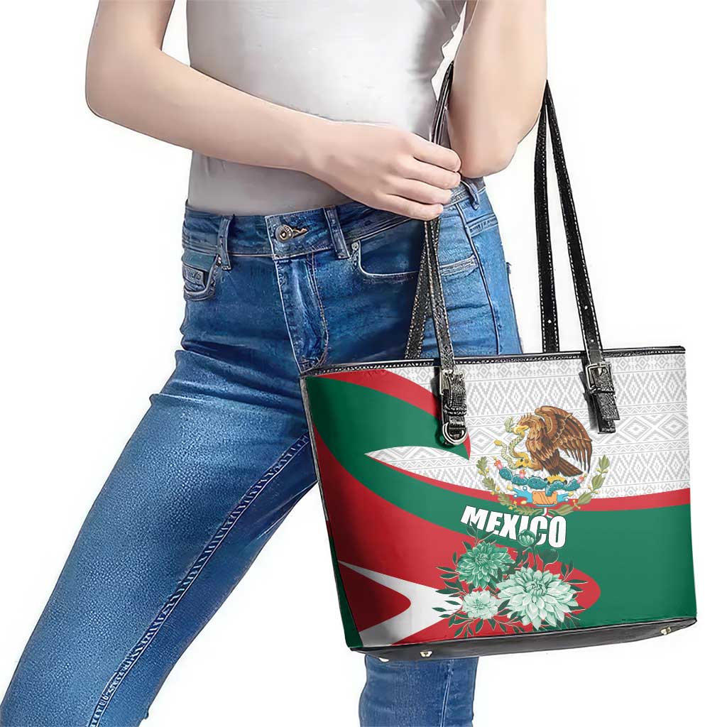 Mexico Independence Day Leather Tote Bag Dahlia Flower Aztec Pattern LT01