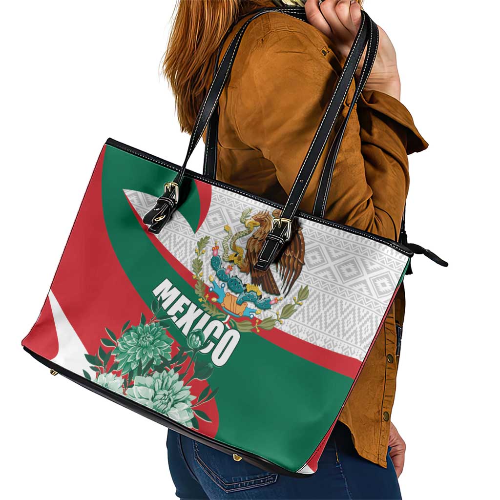 Mexico Independence Day Leather Tote Bag Dahlia Flower Aztec Pattern LT01