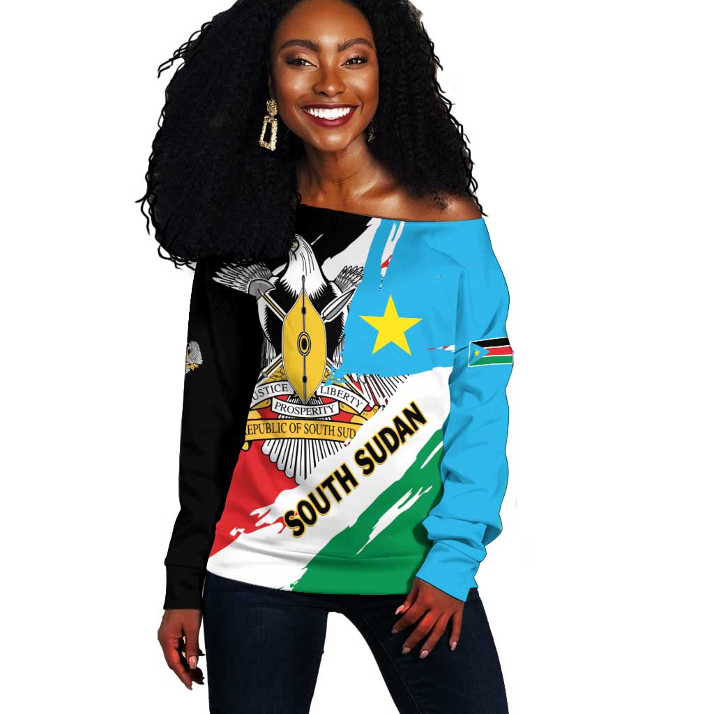 Personalized South Sudan Off Shoulder Sweater East Africa - Grunge Flag Unique LT01