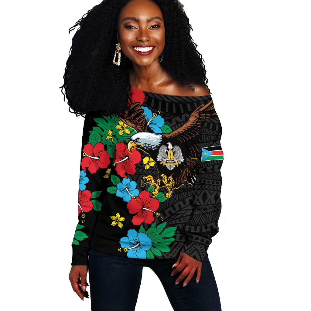 South Sudan Off Shoulder Sweater African Pattern Hibiscus Floral LT01