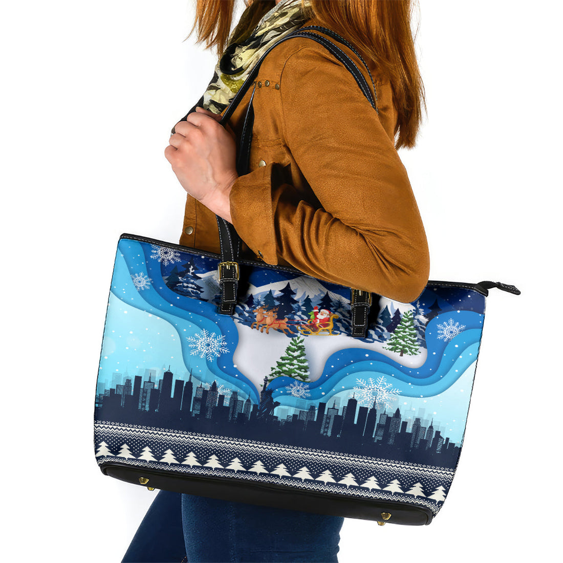 New York Christmas Leather Tote Bag Manhattan Statue Of Liberty LT01
