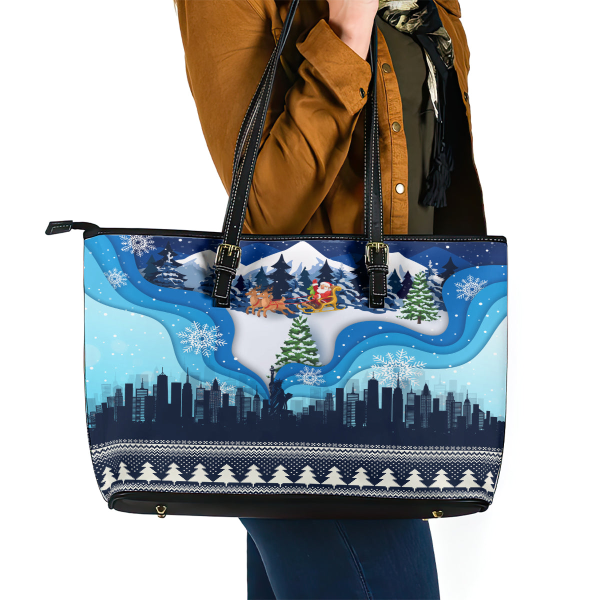 New York Christmas Leather Tote Bag Manhattan Statue Of Liberty LT01