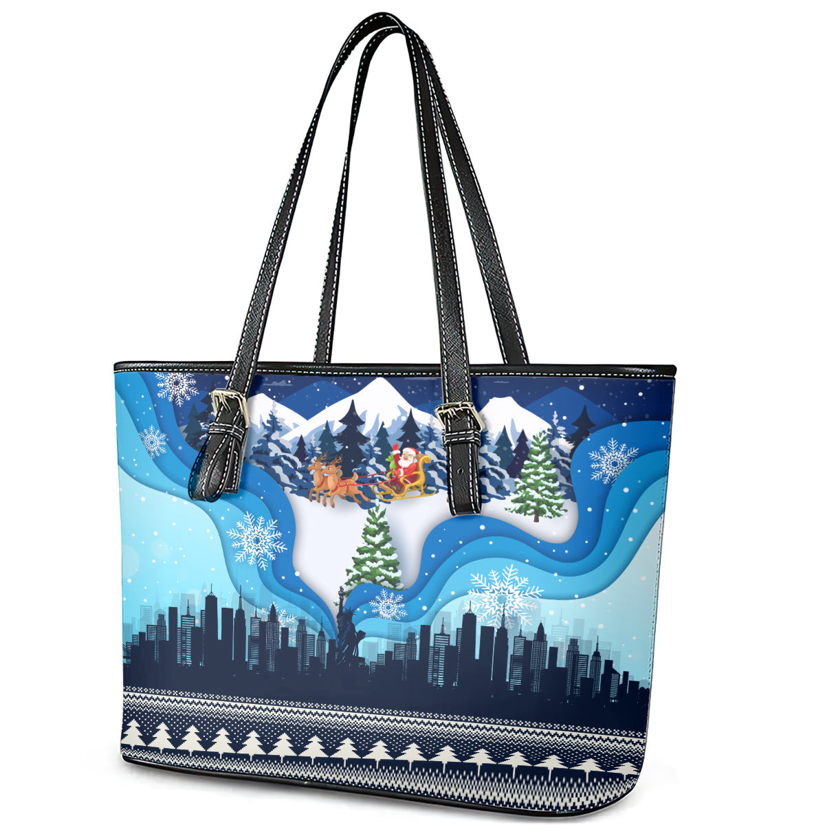 New York Christmas Leather Tote Bag Manhattan Statue Of Liberty LT01