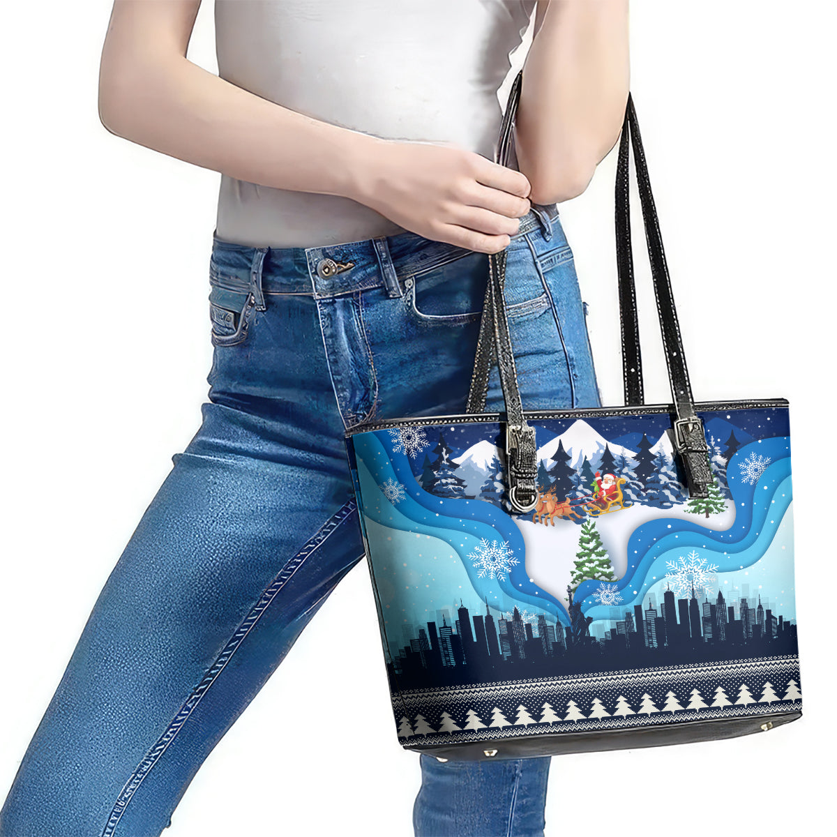 New York Christmas Leather Tote Bag Manhattan Statue Of Liberty LT01