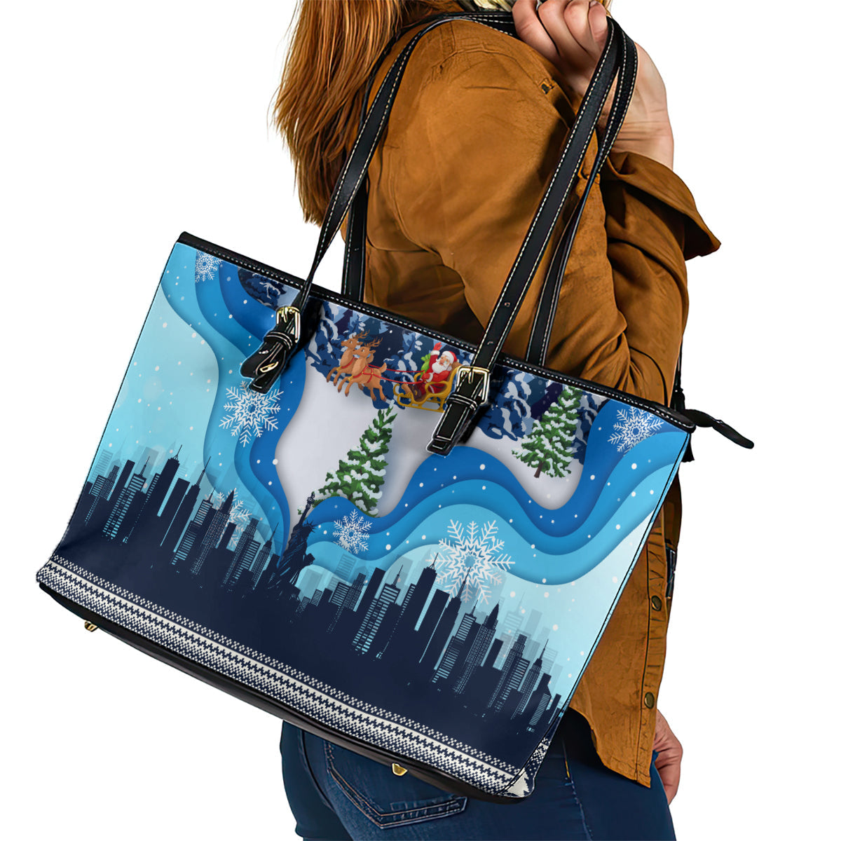 New York Christmas Leather Tote Bag Manhattan Statue Of Liberty LT01