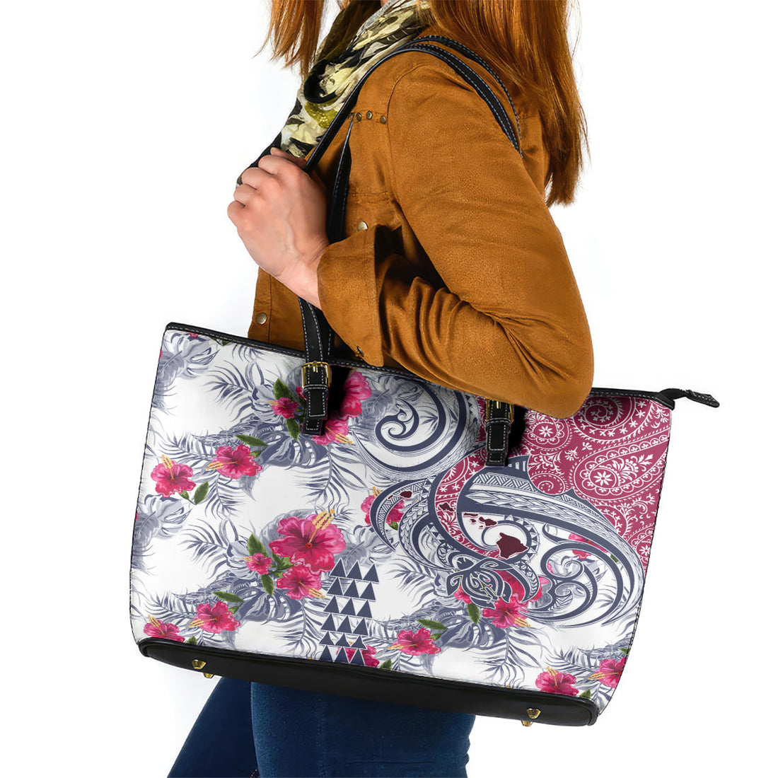 Hawaii Kakau Mix Paisley Pattern Leather Tote Bag Polynesian Tropical Unique Style LT01