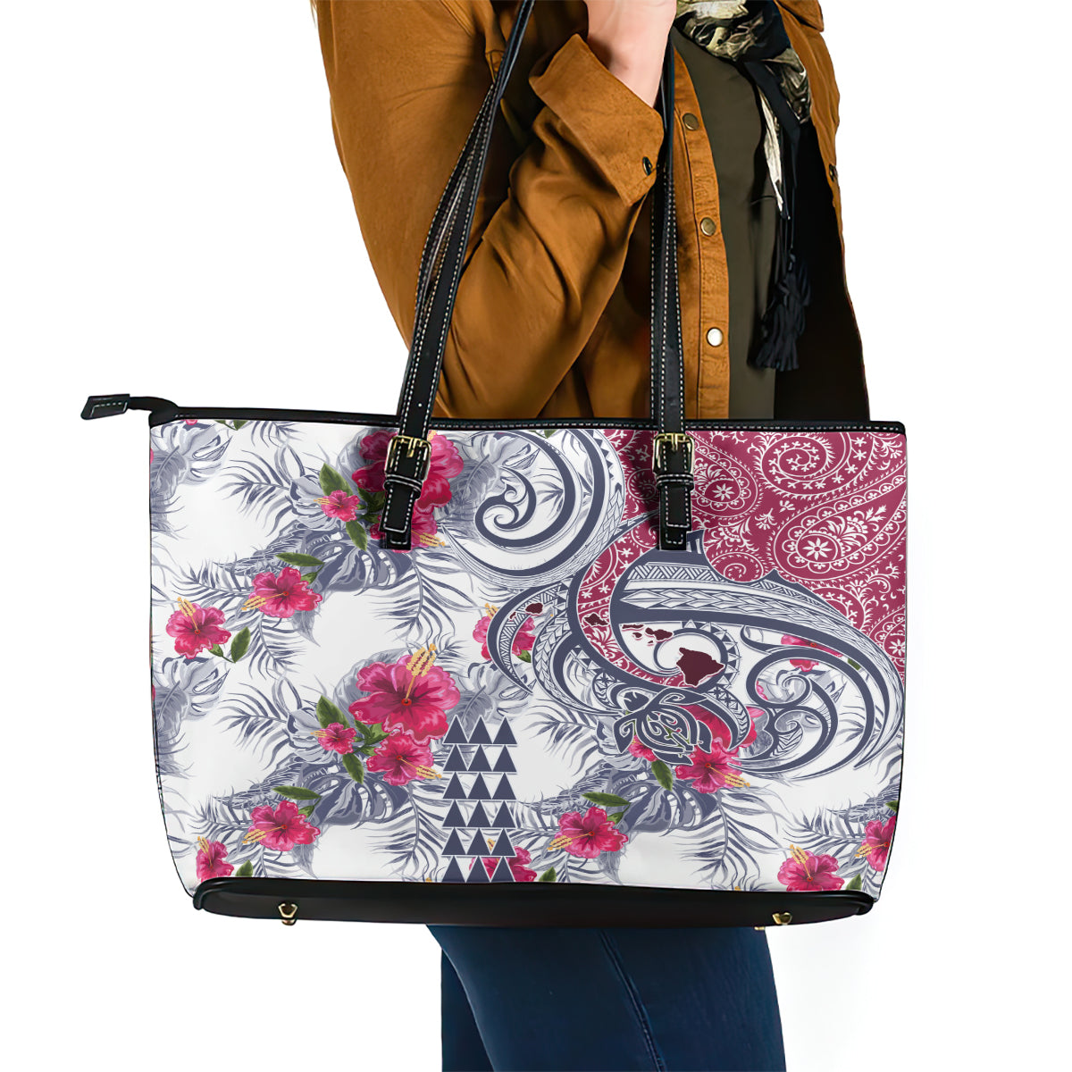 Hawaii Kakau Mix Paisley Pattern Leather Tote Bag Polynesian Tropical Unique Style LT01