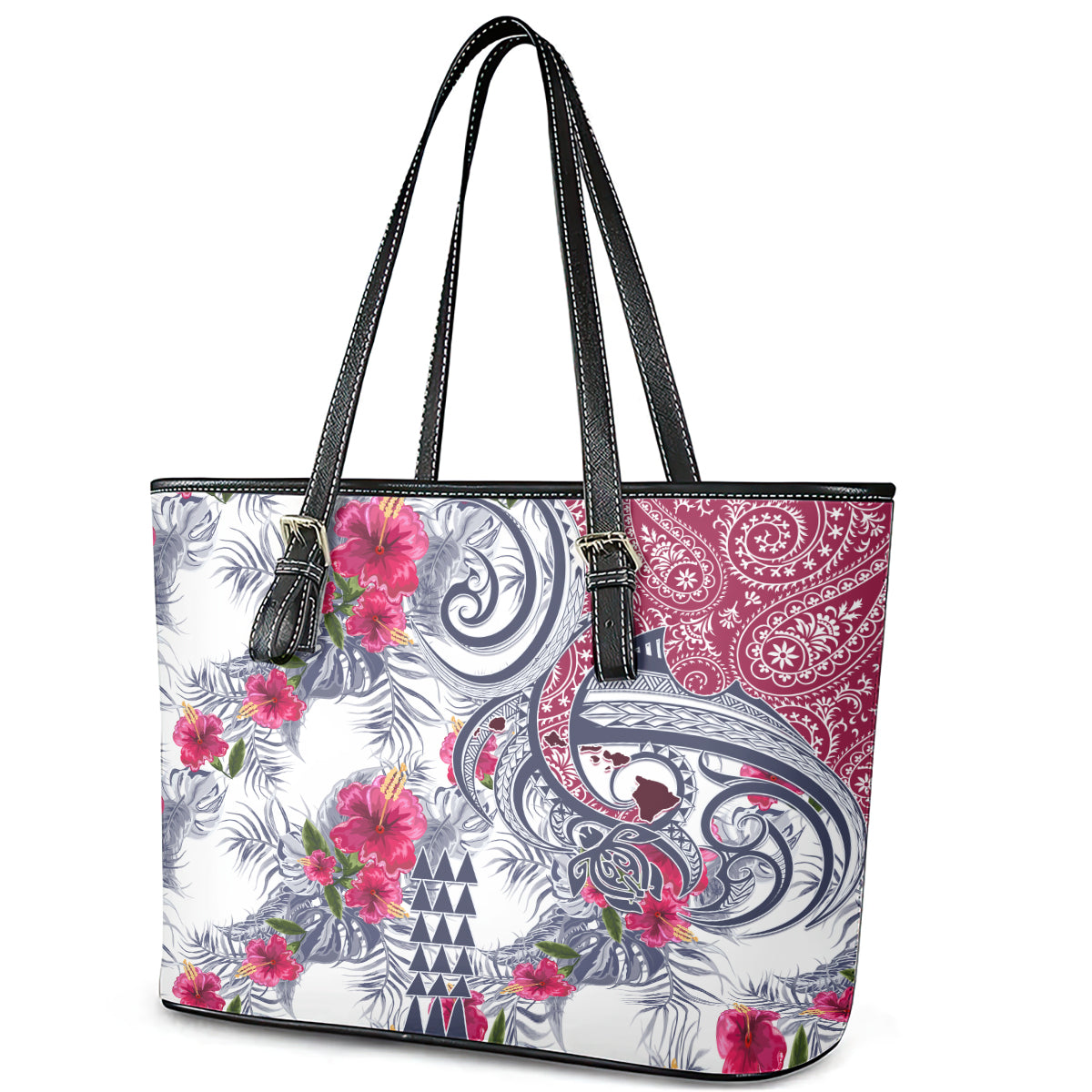 Hawaii Kakau Mix Paisley Pattern Leather Tote Bag Polynesian Tropical Unique Style LT01