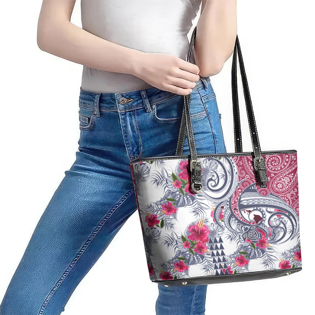 Hawaii Kakau Mix Paisley Pattern Leather Tote Bag Polynesian Tropical Unique Style LT01