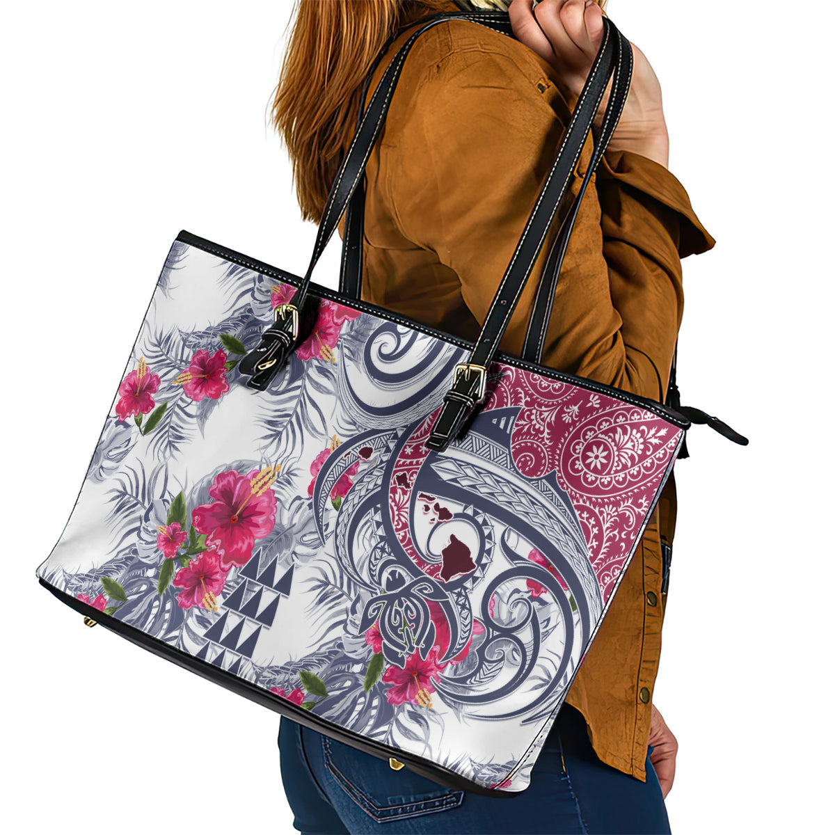 Hawaii Kakau Mix Paisley Pattern Leather Tote Bag Polynesian Tropical Unique Style LT01