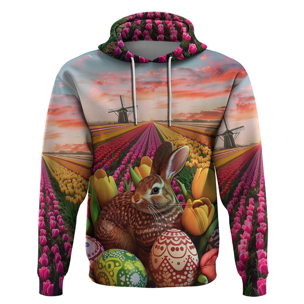 Netherlands Easter 2024 Hoodie Bunny With Tulips Flowers Field LT01