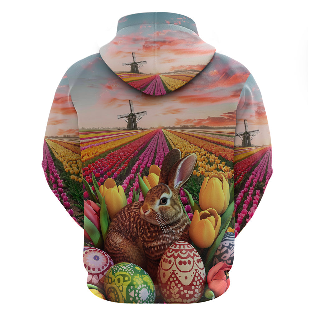 Netherlands Easter 2024 Hoodie Bunny With Tulips Flowers Field LT01