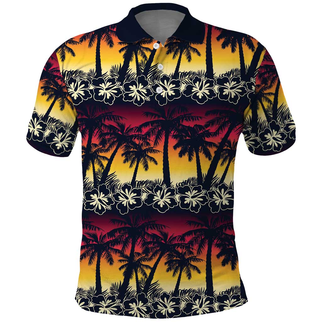Hawaii Hibiscus Palm Tree Sunset Polo Shirt Tropical Style LT01