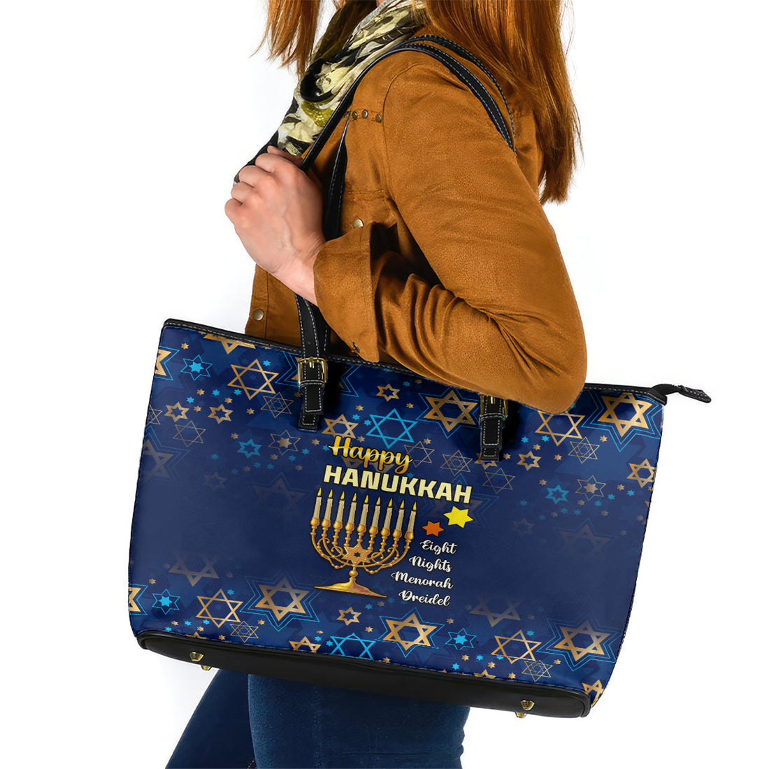Hanukkah Festival Leather Tote Bag Eight Nights Menorah Dreidel LT01