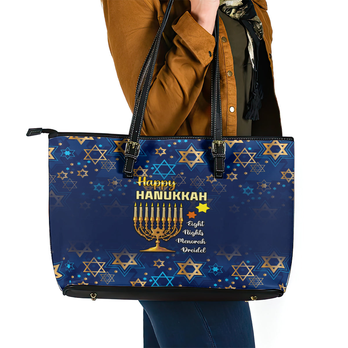 Hanukkah Festival Leather Tote Bag Eight Nights Menorah Dreidel LT01
