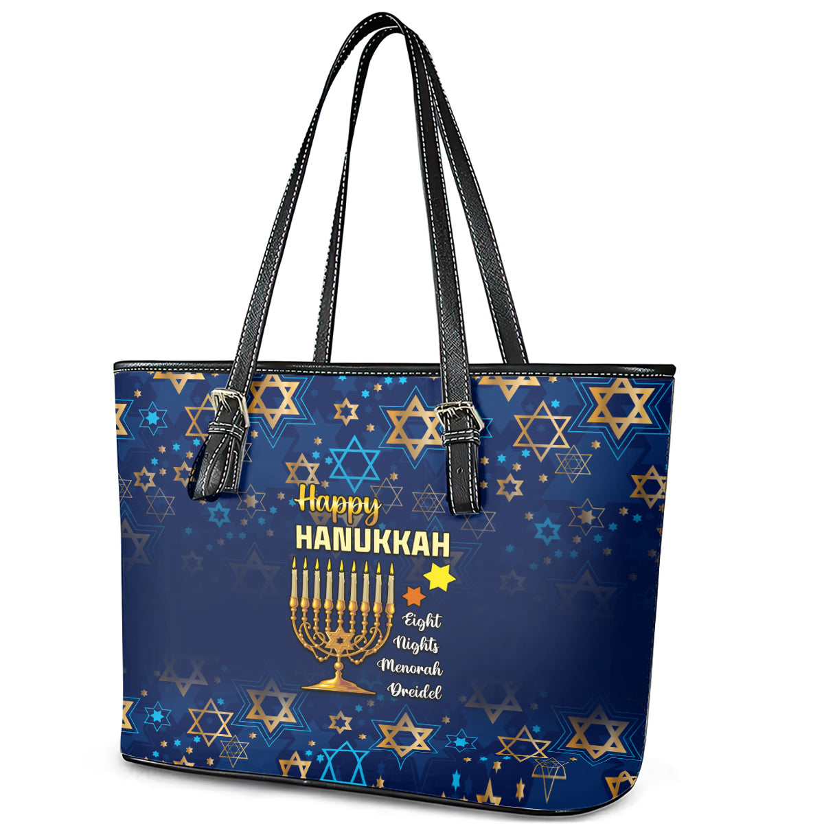 Hanukkah Festival Leather Tote Bag Eight Nights Menorah Dreidel LT01