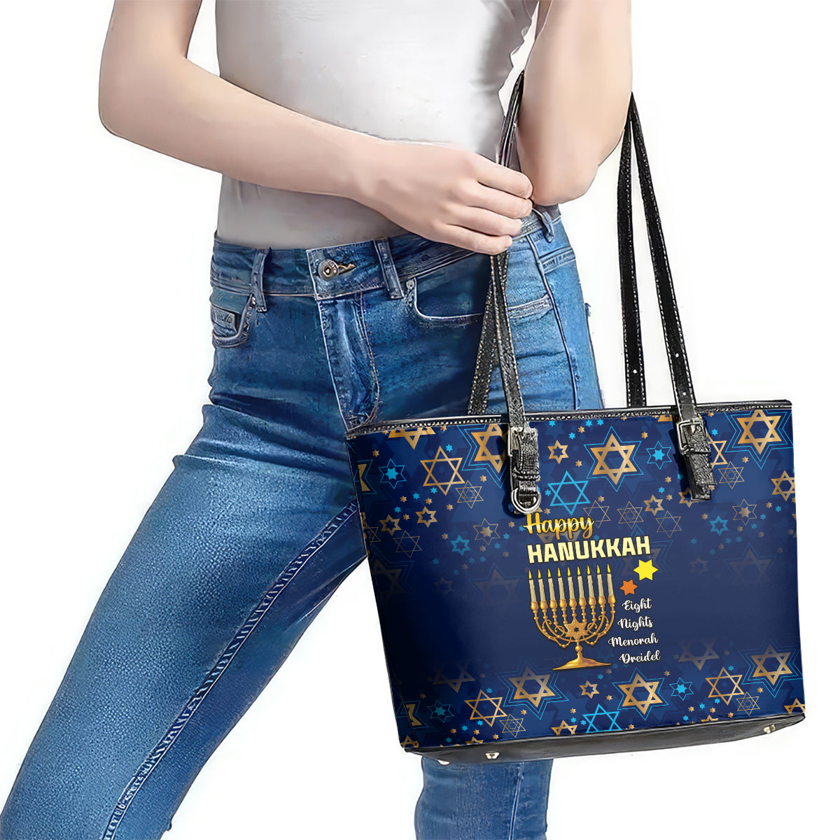 Hanukkah Festival Leather Tote Bag Eight Nights Menorah Dreidel LT01