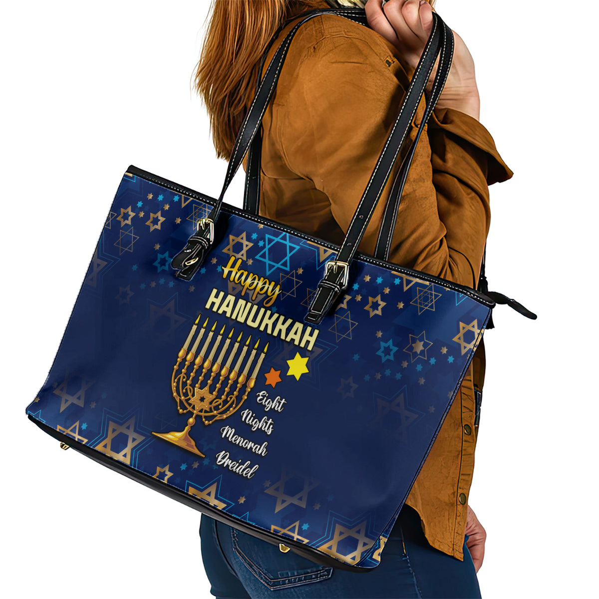 Hanukkah Festival Leather Tote Bag Eight Nights Menorah Dreidel LT01
