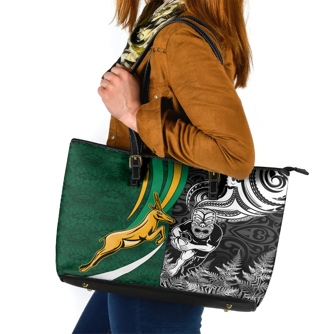 Custom New Zealand and South Africa Rugby Leather Tote Bag Silver Fern Protea Pattern World Cup 2023 LT01