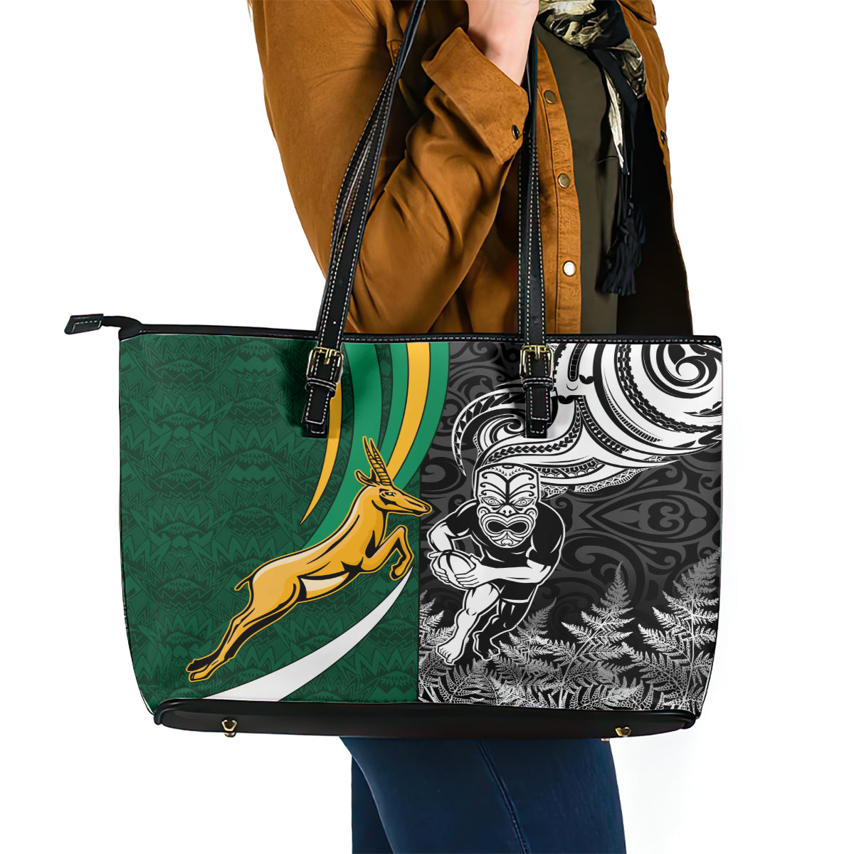 Custom New Zealand and South Africa Rugby Leather Tote Bag Silver Fern Protea Pattern World Cup 2023 LT01