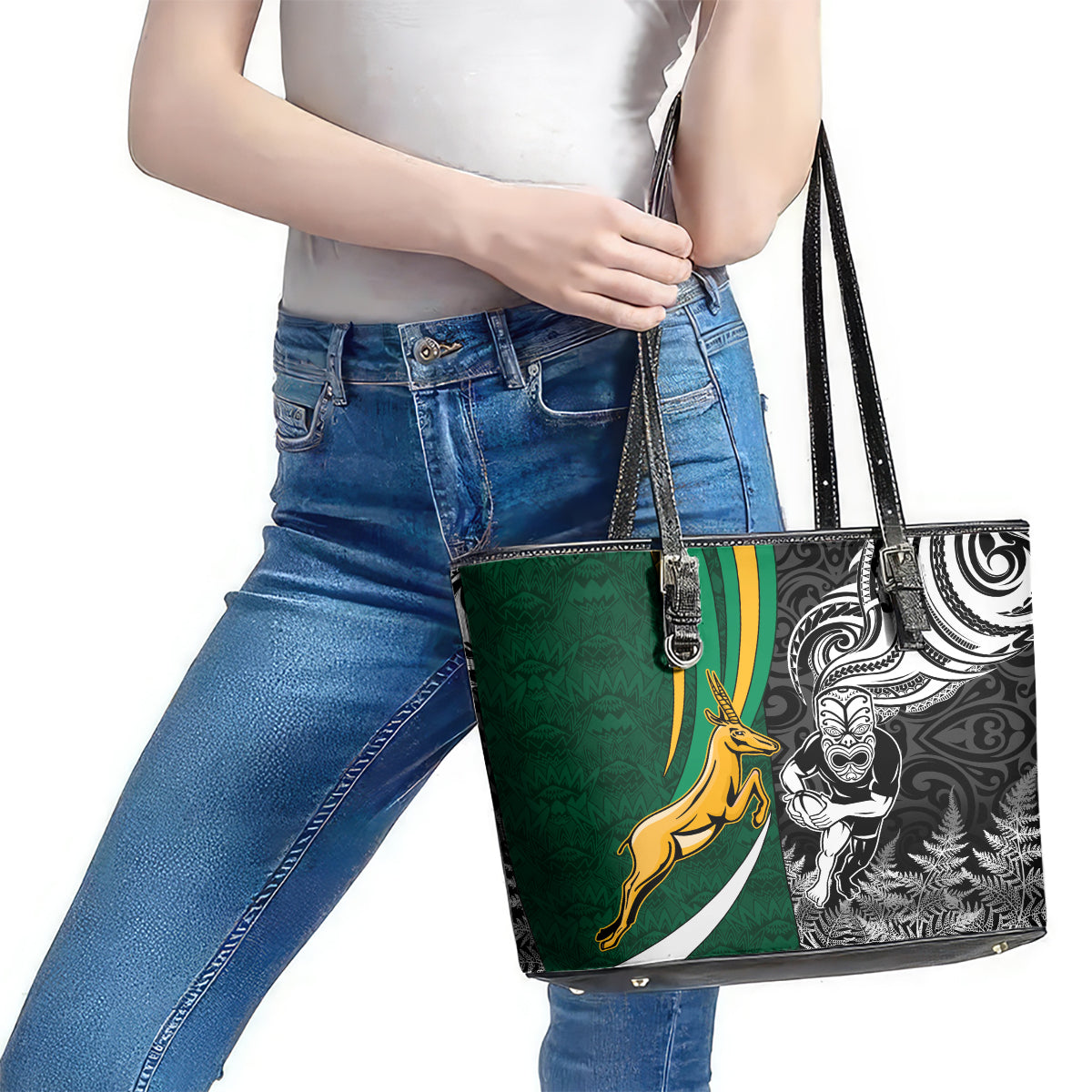 Custom New Zealand and South Africa Rugby Leather Tote Bag Silver Fern Protea Pattern World Cup 2023 LT01