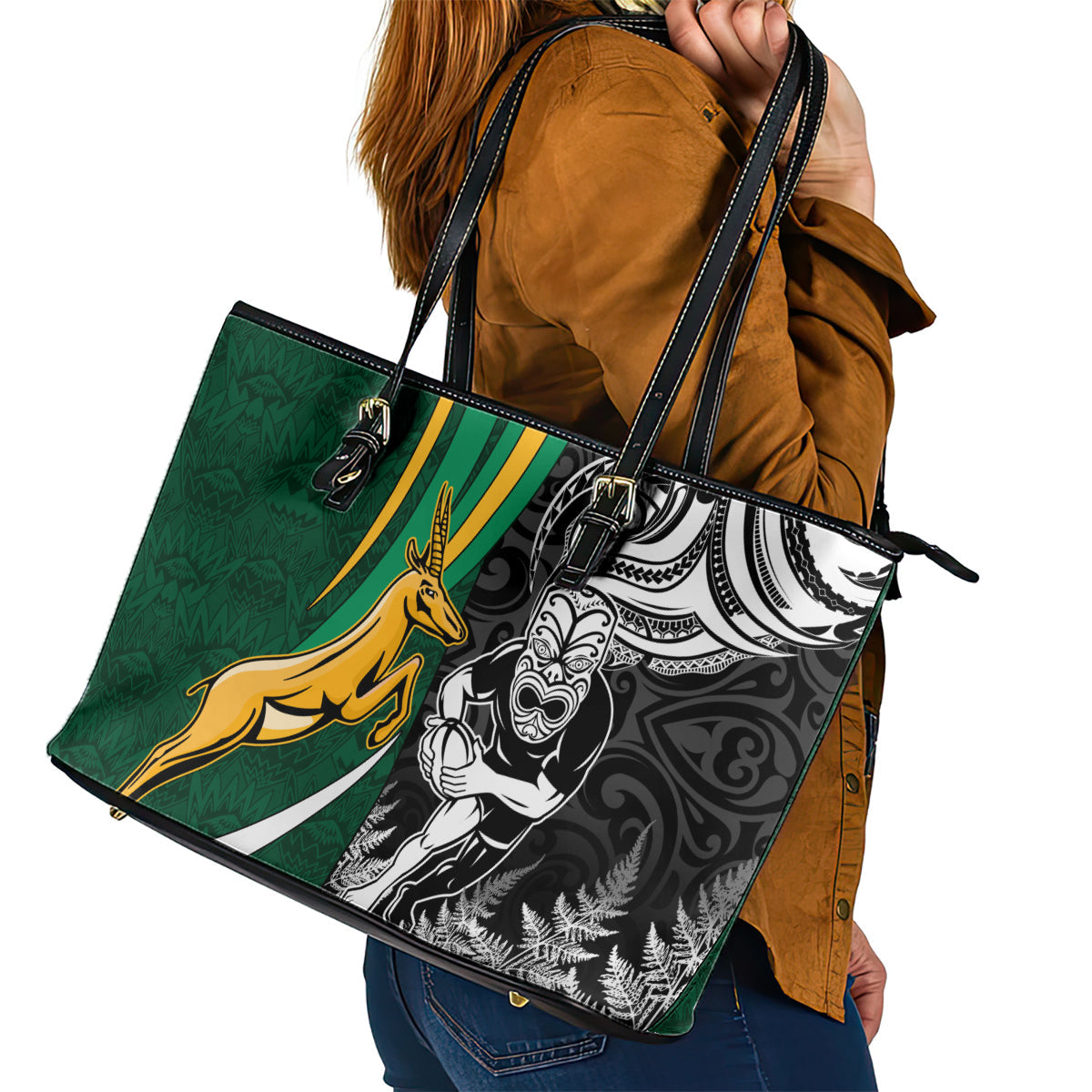 Custom New Zealand and South Africa Rugby Leather Tote Bag Silver Fern Protea Pattern World Cup 2023 LT01