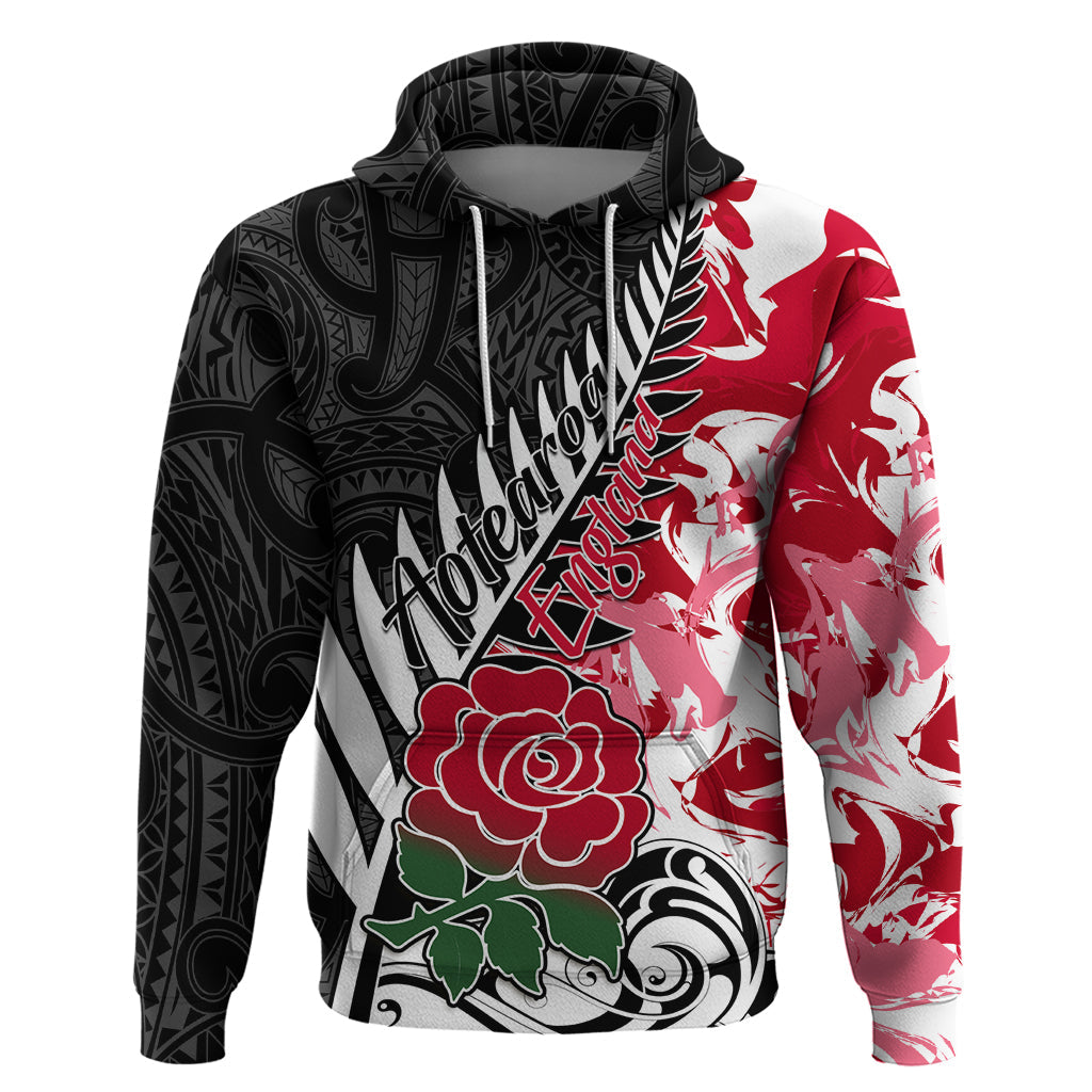 Custom New Zealand and England Rugby Hoodie Silver Fern With Red Rose World Cup 2023 LT01