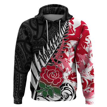 Custom New Zealand and England Rugby Hoodie Silver Fern With Red Rose World Cup 2023 LT01