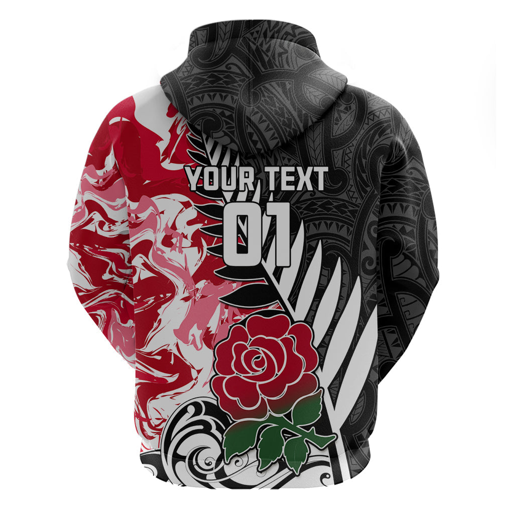 Custom New Zealand and England Rugby Hoodie Silver Fern With Red Rose World Cup 2023 LT01