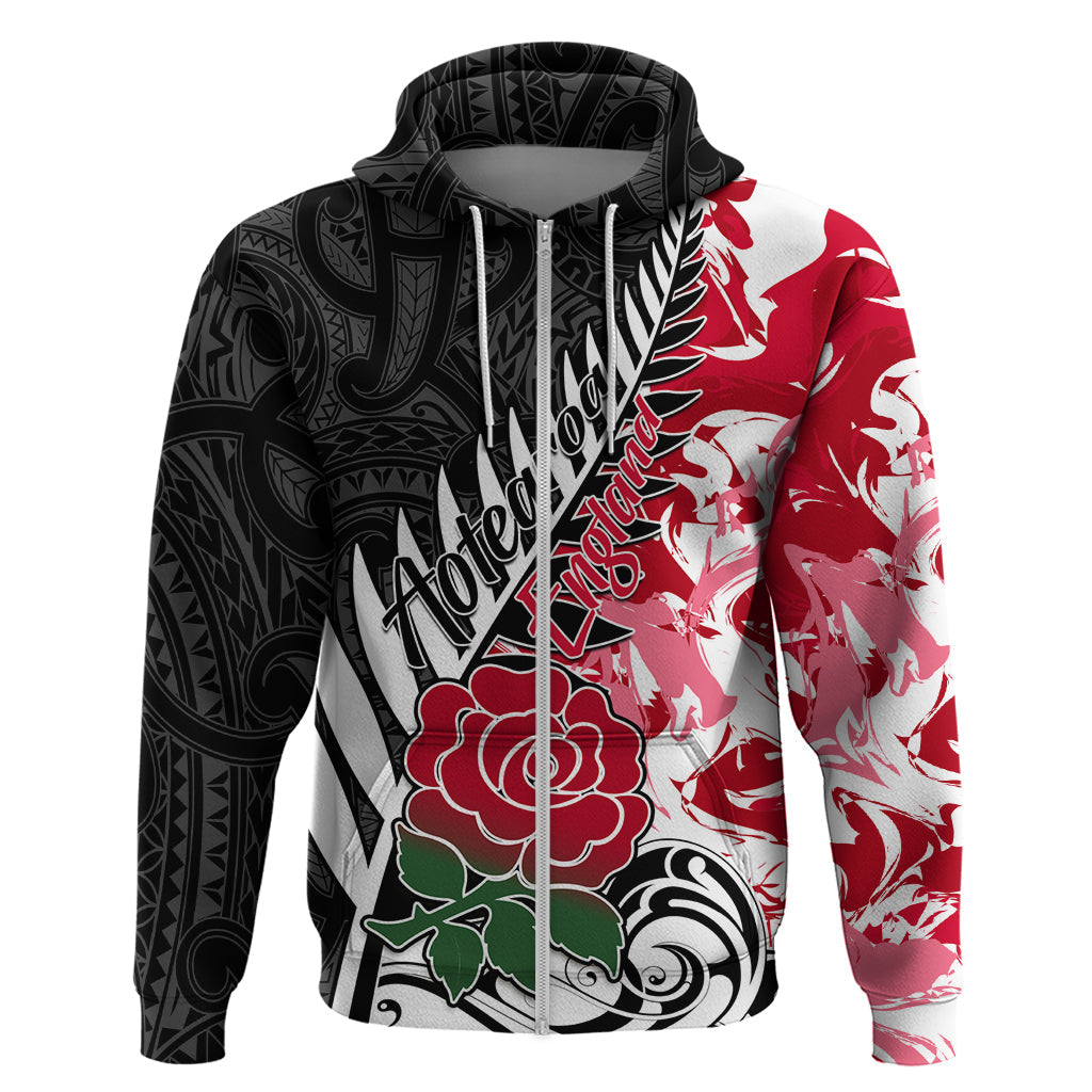 Custom New Zealand and England Rugby Hoodie Silver Fern With Red Rose World Cup 2023 LT01