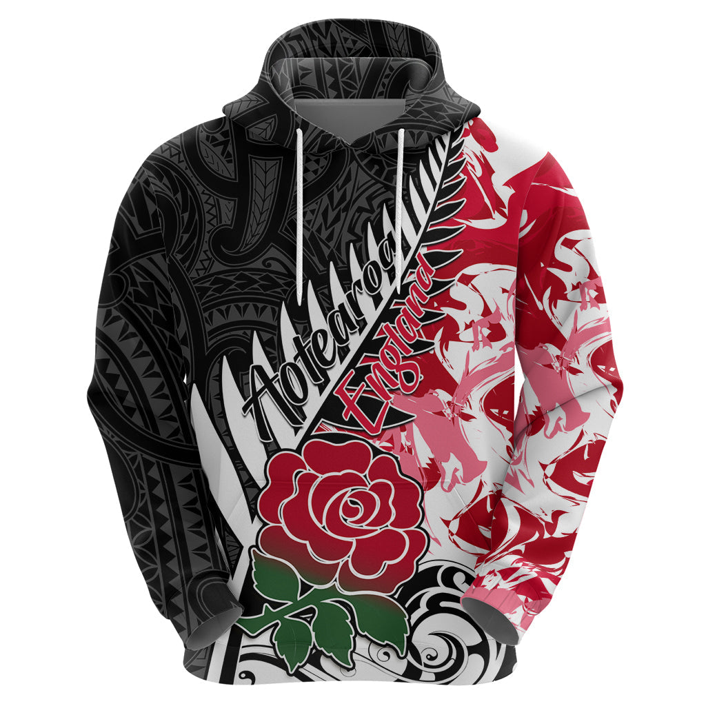 Custom New Zealand and England Rugby Hoodie Silver Fern With Red Rose World Cup 2023 LT01