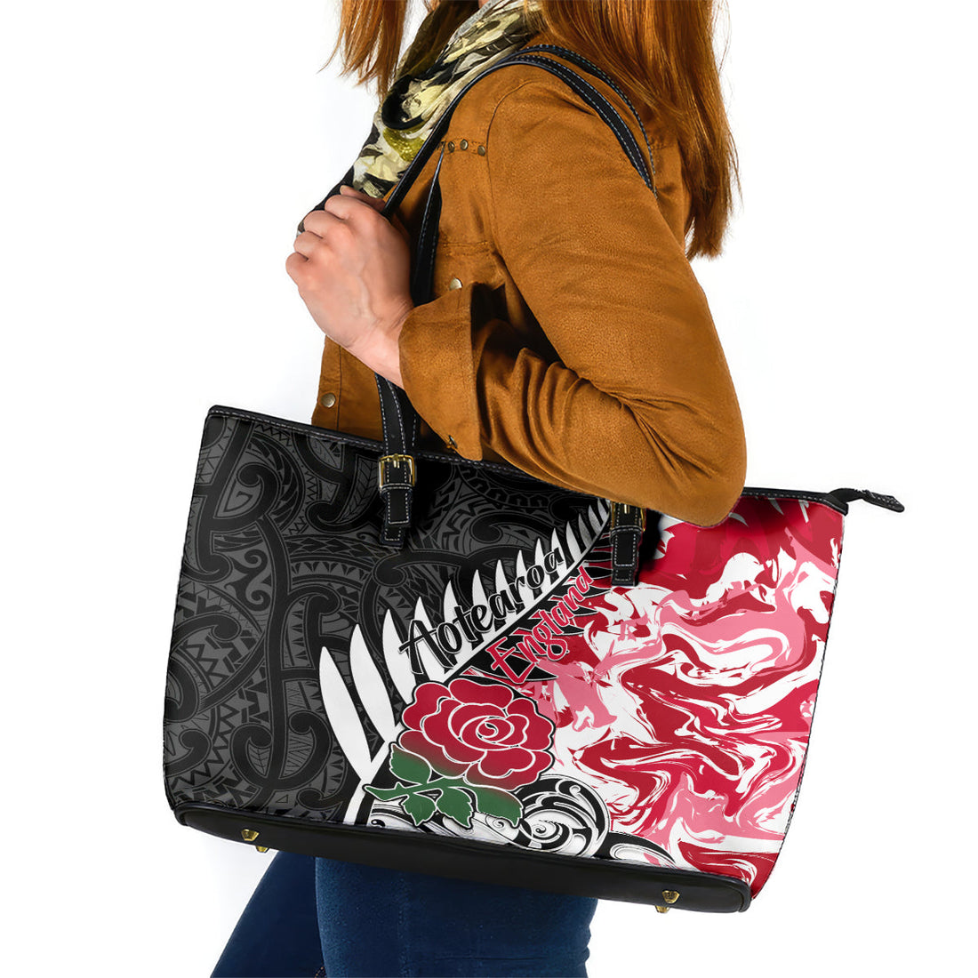 Custom New Zealand and England Rugby Leather Tote Bag Silver Fern With Red Rose World Cup 2023 LT01