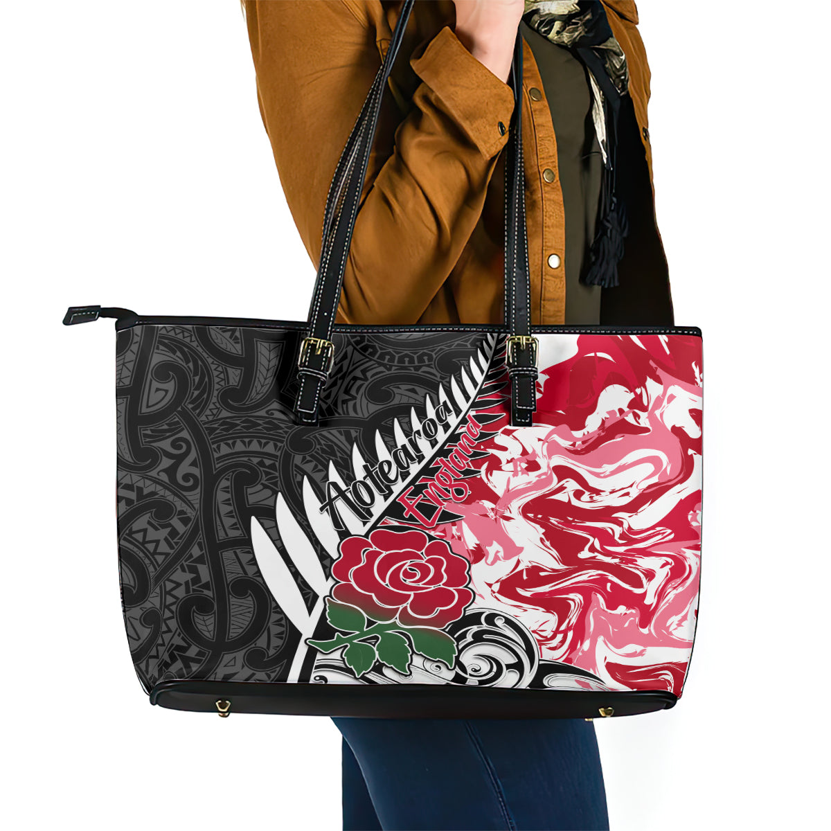 Custom New Zealand and England Rugby Leather Tote Bag Silver Fern With Red Rose World Cup 2023 LT01